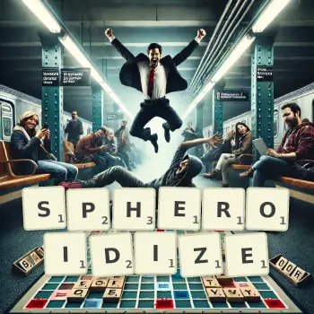 Creative illustration for a Scrabble game with the word SPHEROIDIZE spelled out in tiles on the board.