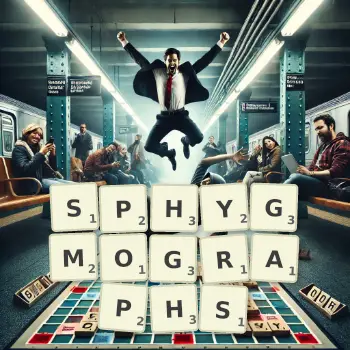 Creative illustration for a Scrabble game with the word SPHYGMOGRAPHS spelled out in tiles on the board.
