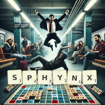 Creative illustration for a Scrabble game with the word SPHYNX spelled out in tiles on the board.