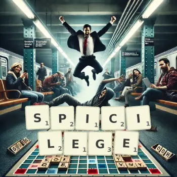 Creative illustration for a Scrabble game with the word SPICILEGE spelled out in tiles on the board.