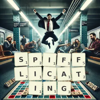 Creative illustration for a Scrabble game with the word SPIFFLICATING spelled out in tiles on the board.