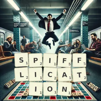 Creative illustration for a Scrabble game with the word SPIFFLICATION spelled out in tiles on the board.
