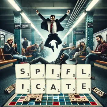 Creative illustration for a Scrabble game with the word SPIFLICATE spelled out in tiles on the board.