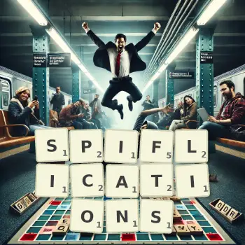 Creative illustration for a Scrabble game with the word SPIFLICATIONS spelled out in tiles on the board.