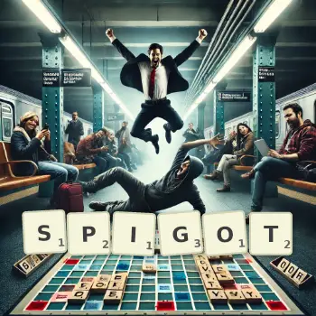 Creative illustration for a Scrabble game with the word SPIGOT spelled out in tiles on the board.
