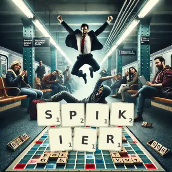 Creative illustration for a Scrabble game with the word SPIKIER spelled out in tiles on the board.