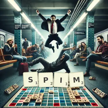 Creative illustration for a Scrabble game with the word SPIM spelled out in tiles on the board.