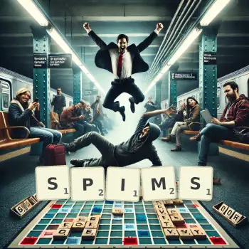 Creative illustration for a Scrabble game with the word SPIMS spelled out in tiles on the board.