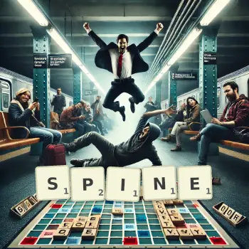 Creative illustration for a Scrabble game with the word SPINE spelled out in tiles on the board.
