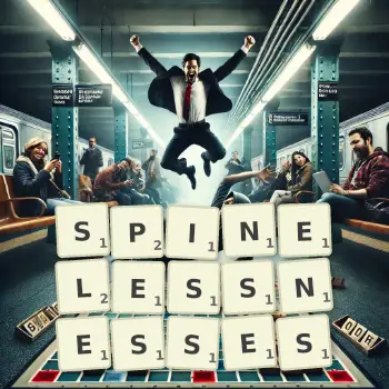 Creative illustration for a Scrabble game with the word SPINELESSNESSES spelled out in tiles on the board.