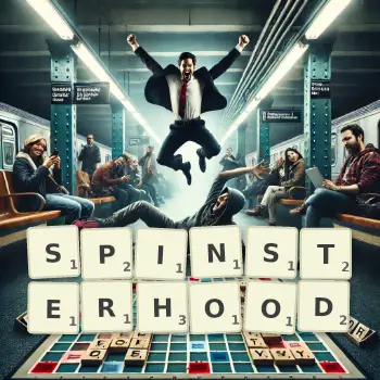 Creative illustration for a Scrabble game with the word SPINSTERHOOD spelled out in tiles on the board.