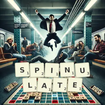 Creative illustration for a Scrabble game with the word SPINULATE spelled out in tiles on the board.