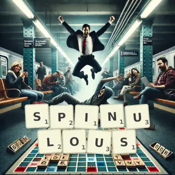 Creative illustration for a Scrabble game with the word SPINULOUS spelled out in tiles on the board.