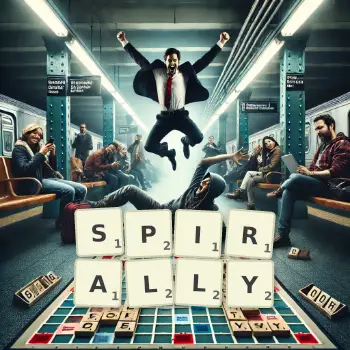 Creative illustration for a Scrabble game with the word SPIRALLY spelled out in tiles on the board.