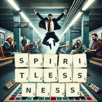 Creative illustration for a Scrabble game with the word SPIRITLESSNESS spelled out in tiles on the board.