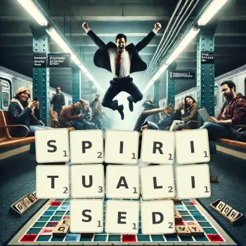 Creative illustration for a Scrabble game with the word SPIRITUALISED spelled out in tiles on the board.