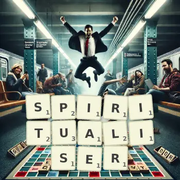 Creative illustration for a Scrabble game with the word SPIRITUALISER spelled out in tiles on the board.