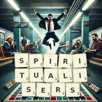 Creative illustration for a Scrabble game with the word SPIRITUALISERS spelled out in tiles on the board.