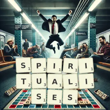 Creative illustration for a Scrabble game with the word SPIRITUALISES spelled out in tiles on the board.