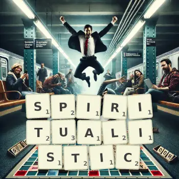 Creative illustration for a Scrabble game with the word SPIRITUALISTIC spelled out in tiles on the board.