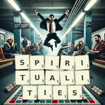 Creative illustration for a Scrabble game with the word SPIRITUALITIES spelled out in tiles on the board.