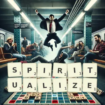 Creative illustration for a Scrabble game with the word SPIRITUALIZE spelled out in tiles on the board.