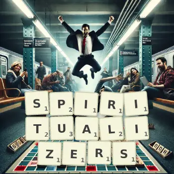 Creative illustration for a Scrabble game with the word SPIRITUALIZERS spelled out in tiles on the board.