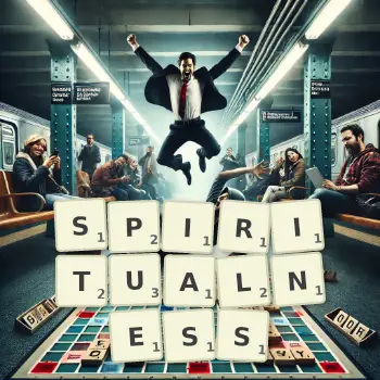 Creative illustration for a Scrabble game with the word SPIRITUALNESS spelled out in tiles on the board.