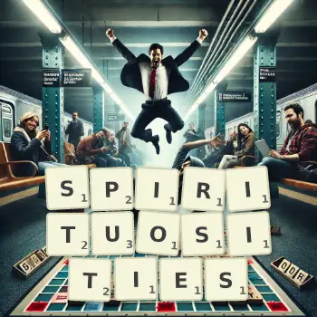 Creative illustration for a Scrabble game with the word SPIRITUOSITIES spelled out in tiles on the board.