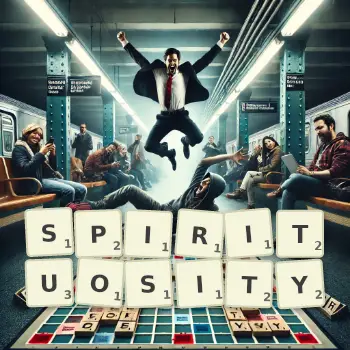 Creative illustration for a Scrabble game with the word SPIRITUOSITY spelled out in tiles on the board.