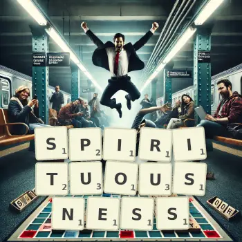 Creative illustration for a Scrabble game with the word SPIRITUOUSNESS spelled out in tiles on the board.