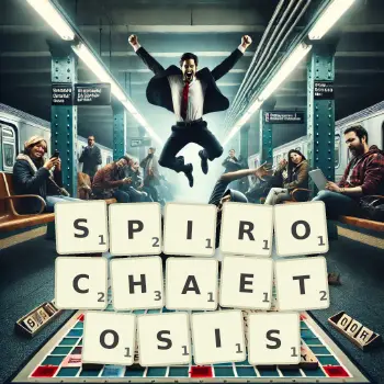 Creative illustration for a Scrabble game with the word SPIROCHAETOSIS spelled out in tiles on the board.