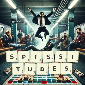 Creative illustration for a Scrabble game with the word SPISSITUDES spelled out in tiles on the board.