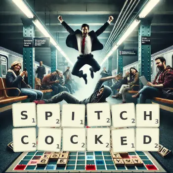 Creative illustration for a Scrabble game with the word SPITCHCOCKED spelled out in tiles on the board.