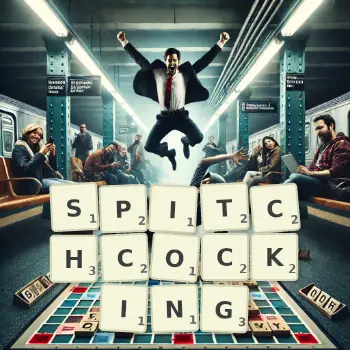 Creative illustration for a Scrabble game with the word SPITCHCOCKING spelled out in tiles on the board.