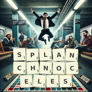 Creative illustration for a Scrabble game with the word SPLANCHNOCELES spelled out in tiles on the board.