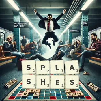 Creative illustration for a Scrabble game with the word SPLASHES spelled out in tiles on the board.