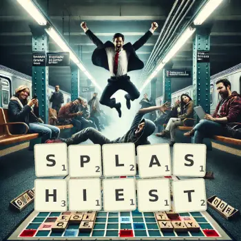 Creative illustration for a Scrabble game with the word SPLASHIEST spelled out in tiles on the board.