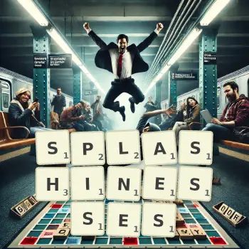 Creative illustration for a Scrabble game with the word SPLASHINESSES spelled out in tiles on the board.