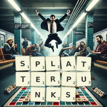 Creative illustration for a Scrabble game with the word SPLATTERPUNKS spelled out in tiles on the board.