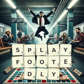 Creative illustration for a Scrabble game with the word SPLAYFOOTEDLY spelled out in tiles on the board.