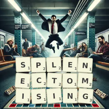 Creative illustration for a Scrabble game with the word SPLENECTOMISING spelled out in tiles on the board.