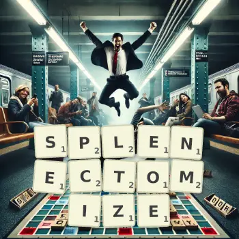 Creative illustration for a Scrabble game with the word SPLENECTOMIZE spelled out in tiles on the board.