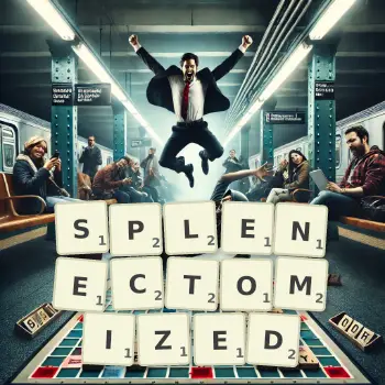 Creative illustration for a Scrabble game with the word SPLENECTOMIZED spelled out in tiles on the board.