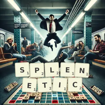 Creative illustration for a Scrabble game with the word SPLENETIC spelled out in tiles on the board.