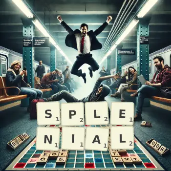 Creative illustration for a Scrabble game with the word SPLENIAL spelled out in tiles on the board.