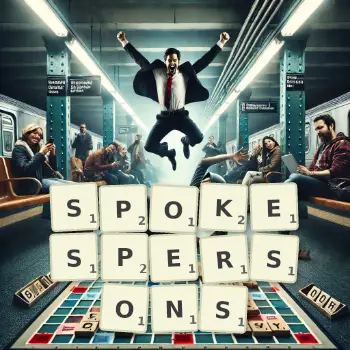 Creative illustration for a Scrabble game with the word SPOKESPERSONS spelled out in tiles on the board.