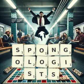 Creative illustration for a Scrabble game with the word SPONGOLOGISTS spelled out in tiles on the board.