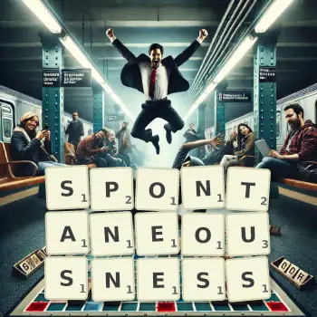 Creative illustration for a Scrabble game with the word SPONTANEOUSNESS spelled out in tiles on the board.