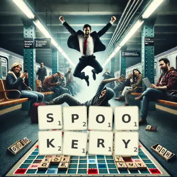 Creative illustration for a Scrabble game with the word SPOOKERY spelled out in tiles on the board.